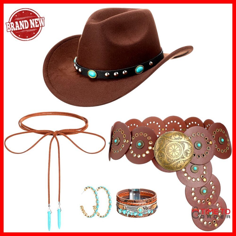 Western Boho Jewelry Set Cowboy Hat Belt Necklace Bracelet Earrings